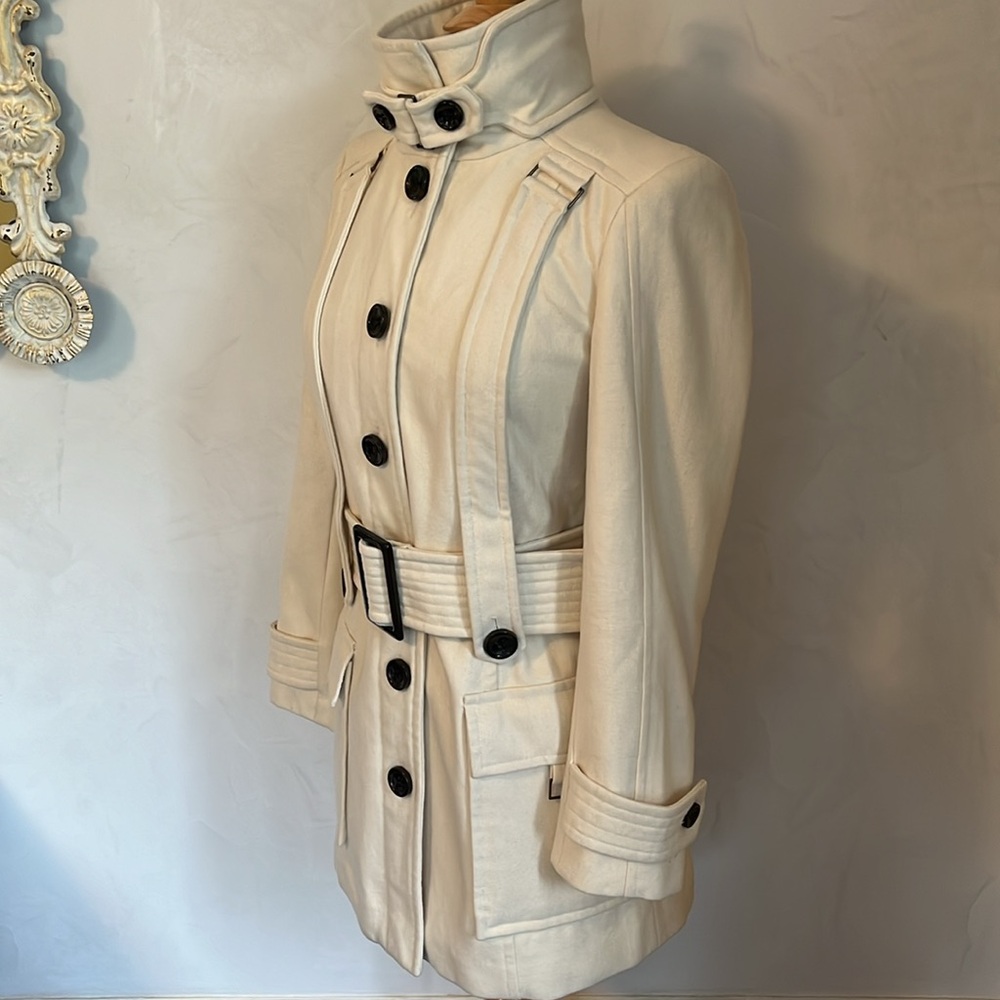 Zara Ivory Wool Blend Unique Coat w/big buckle belt,pockets button up Size Small - Picture 5 of 14